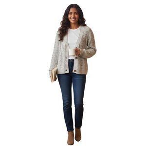 Lucky Brand Gray Beige Open Knit Cotton Blend V-neck Cardigan Sweater Size M